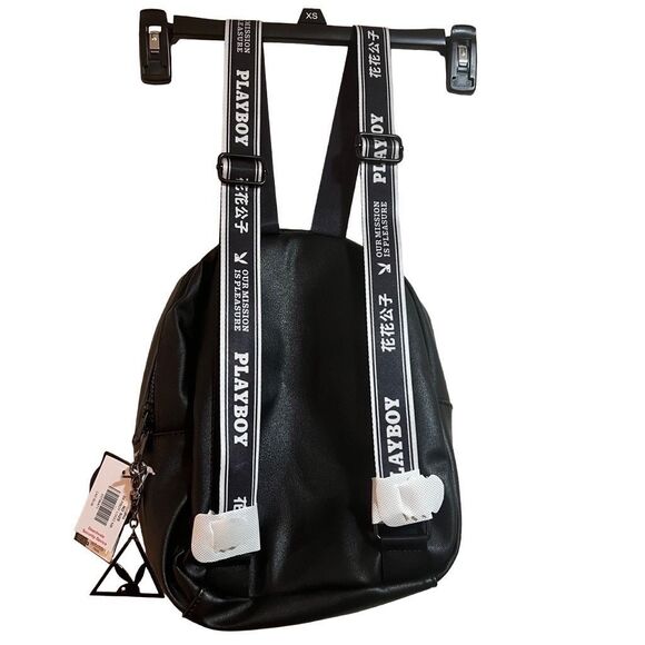 Y2K Playboy bunny logo mini backpack Black vegan leather zipper main image 5